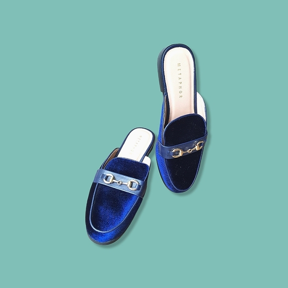 Velvet Slip on Mule Flats Loafer Slide with Gold Horsebit, Navy Blue - Picture 2 of 6